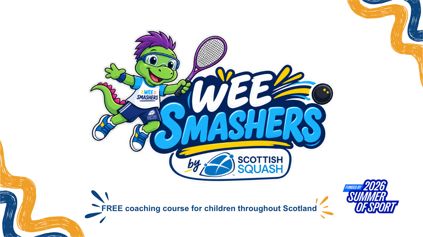 Poster with the Wee Smashers logo in the middle. The logo has the text Wee Smashers by Scottish Squash alongside a green dinosaur playing squash. Text along the bottom says, free coaching course for children throughout Scotland. Text in the bottom left says, Funded by 2026 Summer of Sport. Blue and yellow swirls border the poster.