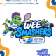 Poster with the Wee Smashers logo in the middle. The logo has the text Wee Smashers by Scottish Squash alongside a green dinosaur playing squash. Text in the top left corner says, free coaching course for children throughout Scotland. Text in the bottom left says, Funded by 2026 Summer of Sport. Blue and yellow swirls border the poster.