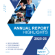 A poster that says, Annual Report Highlights 2025-26. The background is white and a blue zig zag goes down the front. There is also a photo of squash player, Georgia, shaking someone's hand. Bullet points on the left say: Development, Success, Governance, the Future of Squash.