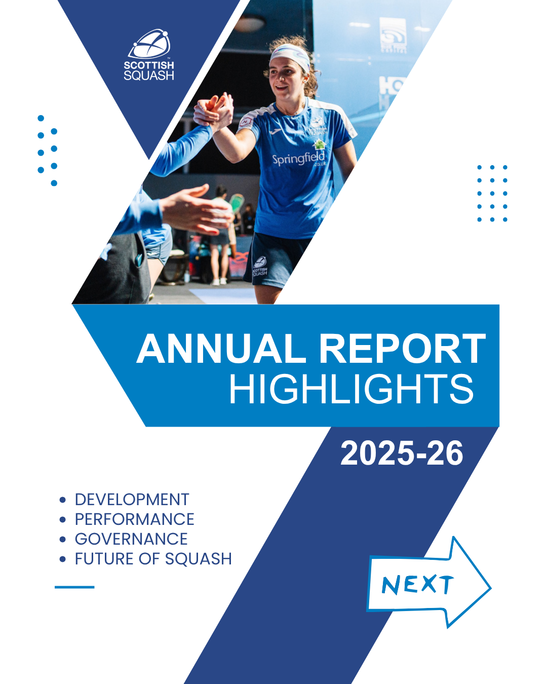A poster that says, Annual Report Highlights 2025-26. The background is white and a blue zig zag goes down the front. There is also a photo of squash player, Georgia, shaking someone's hand. Bullet points on the left say: Development, Success, Governance, the Future of Squash.